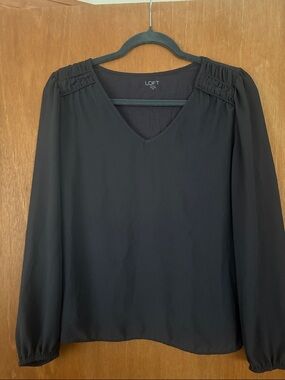LOFT Black V-Neck Long Sleeve Blouse with Shoulder Ruching